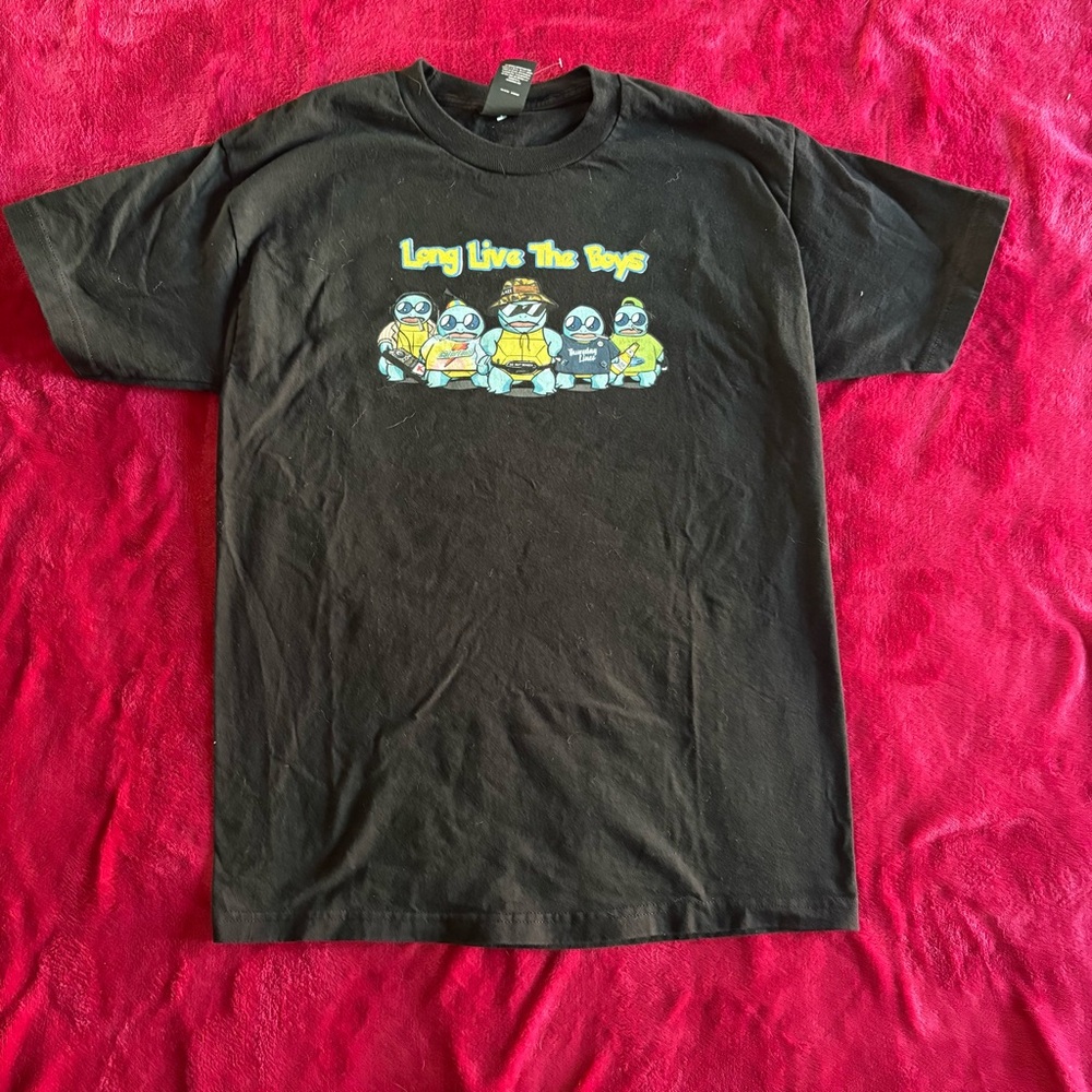 Squirtle Squad Black Graphic Tee with Yellow and Blue Lettering